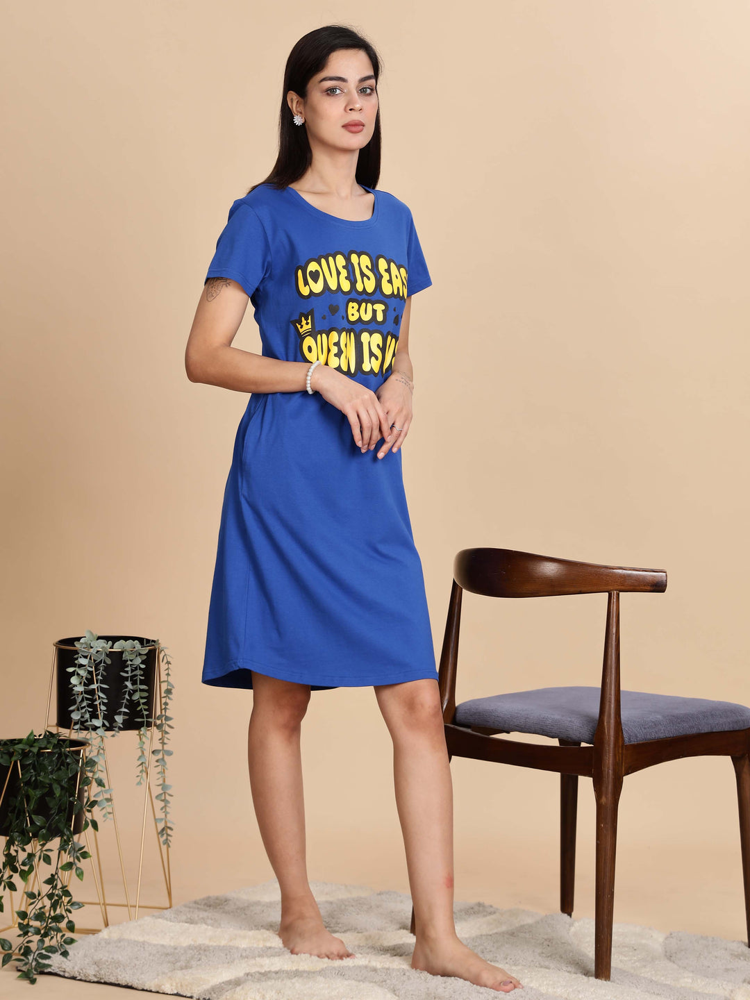 Berry Blue Printed Cotton Short Nighty For Women