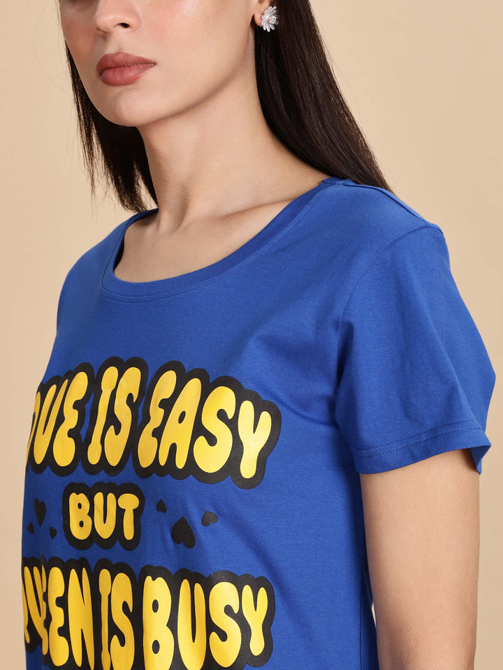 Berry Blue Printed Cotton Short Nighty For Women