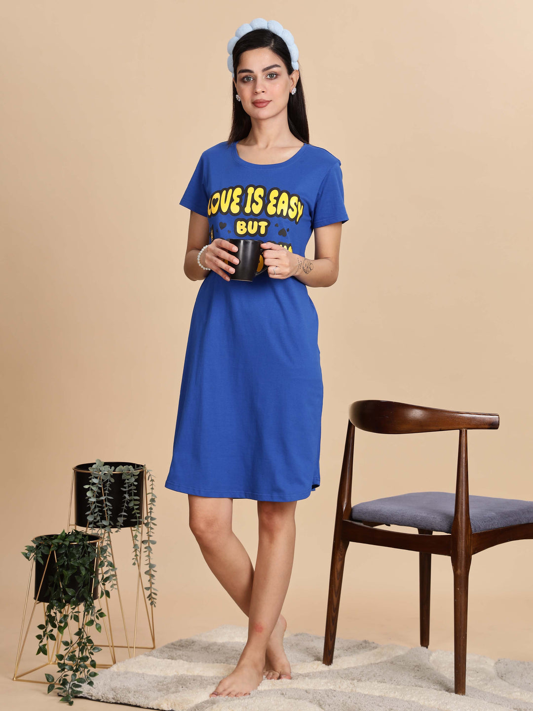 Berry Blue Printed Cotton Short Nighty For Women