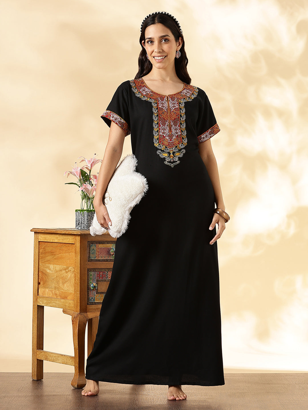 Black Embroidered Alpine Stylish Nighty for Women