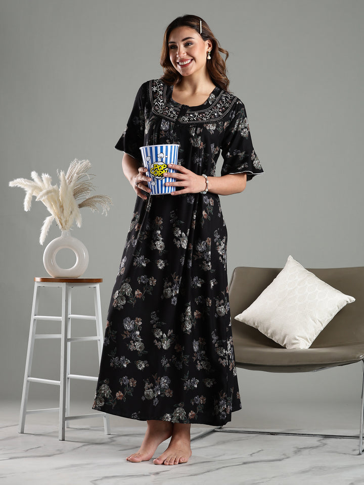 Black Floral Alpine Branded Nighty for Women