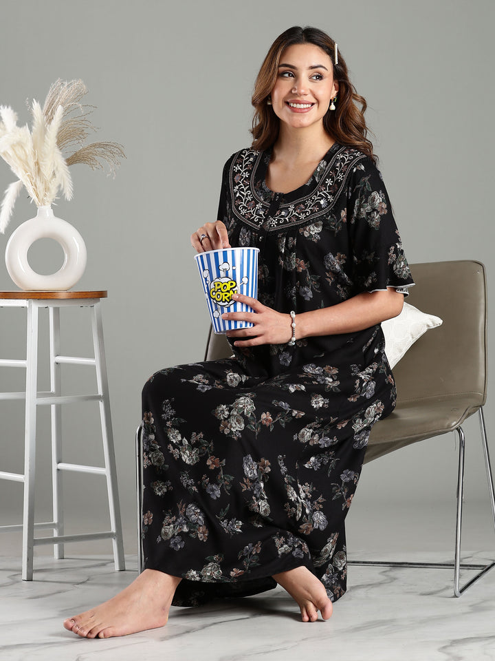 Black Floral Alpine Branded Nighty for Women
