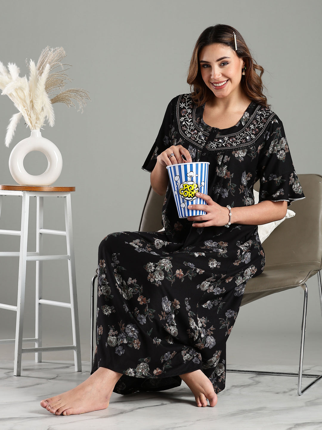 Black Floral Alpine Branded Nighty for Women