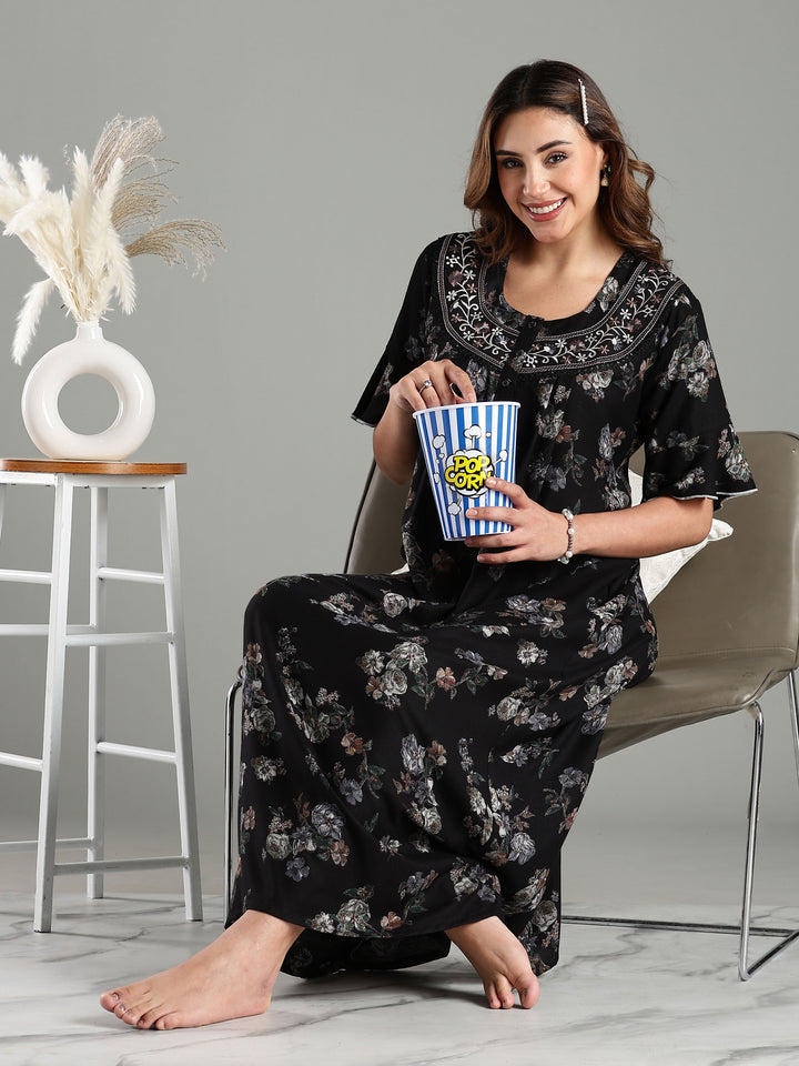 Black Floral Alpine Branded Nighty for Women