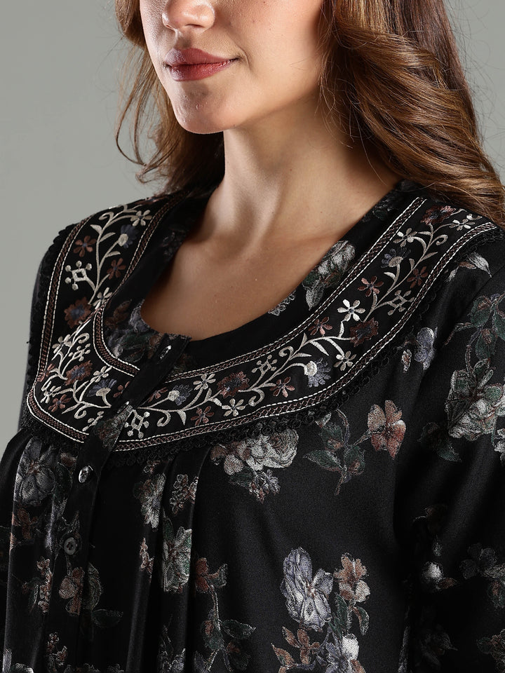 Black Floral Alpine Branded Nighty for Women