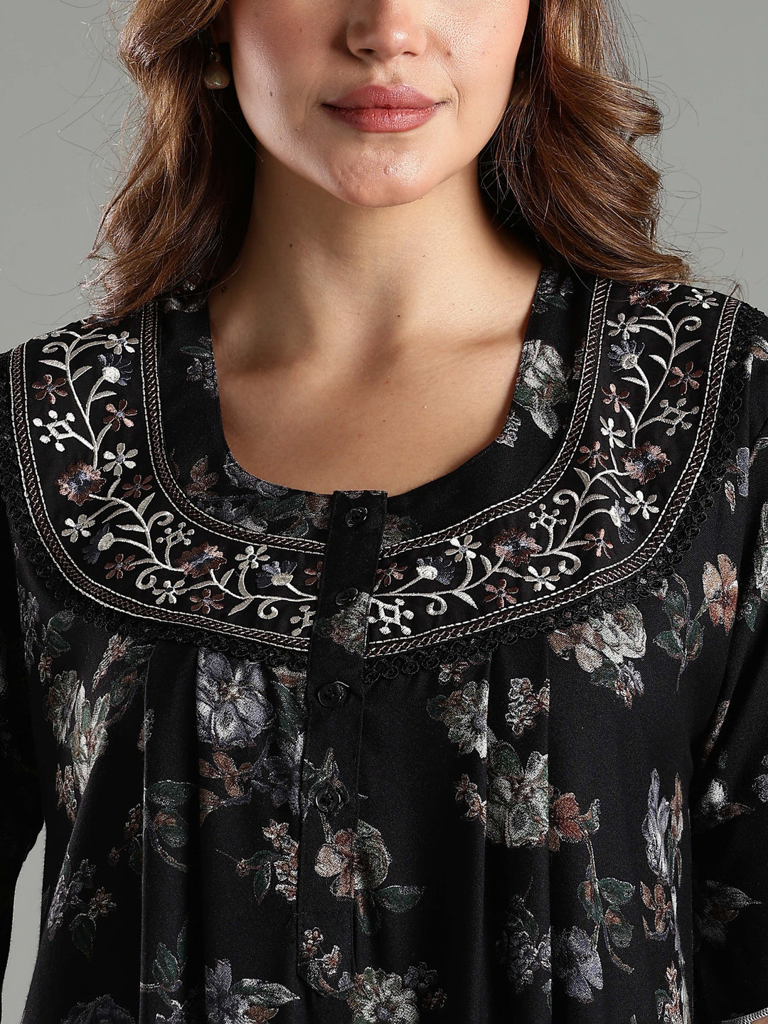 Black Floral Alpine Branded Nighty for Women