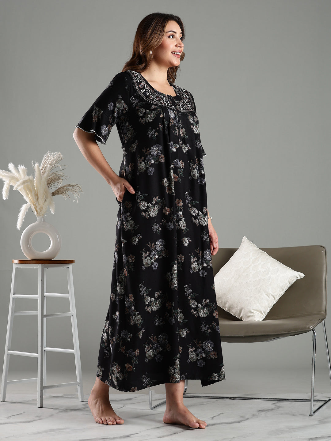 Black Floral Alpine Branded Nighty for Women