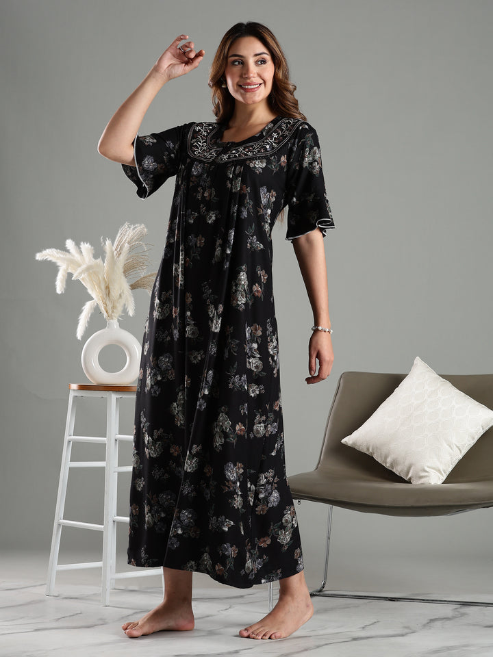 Black Floral Alpine Branded Nighty for Women