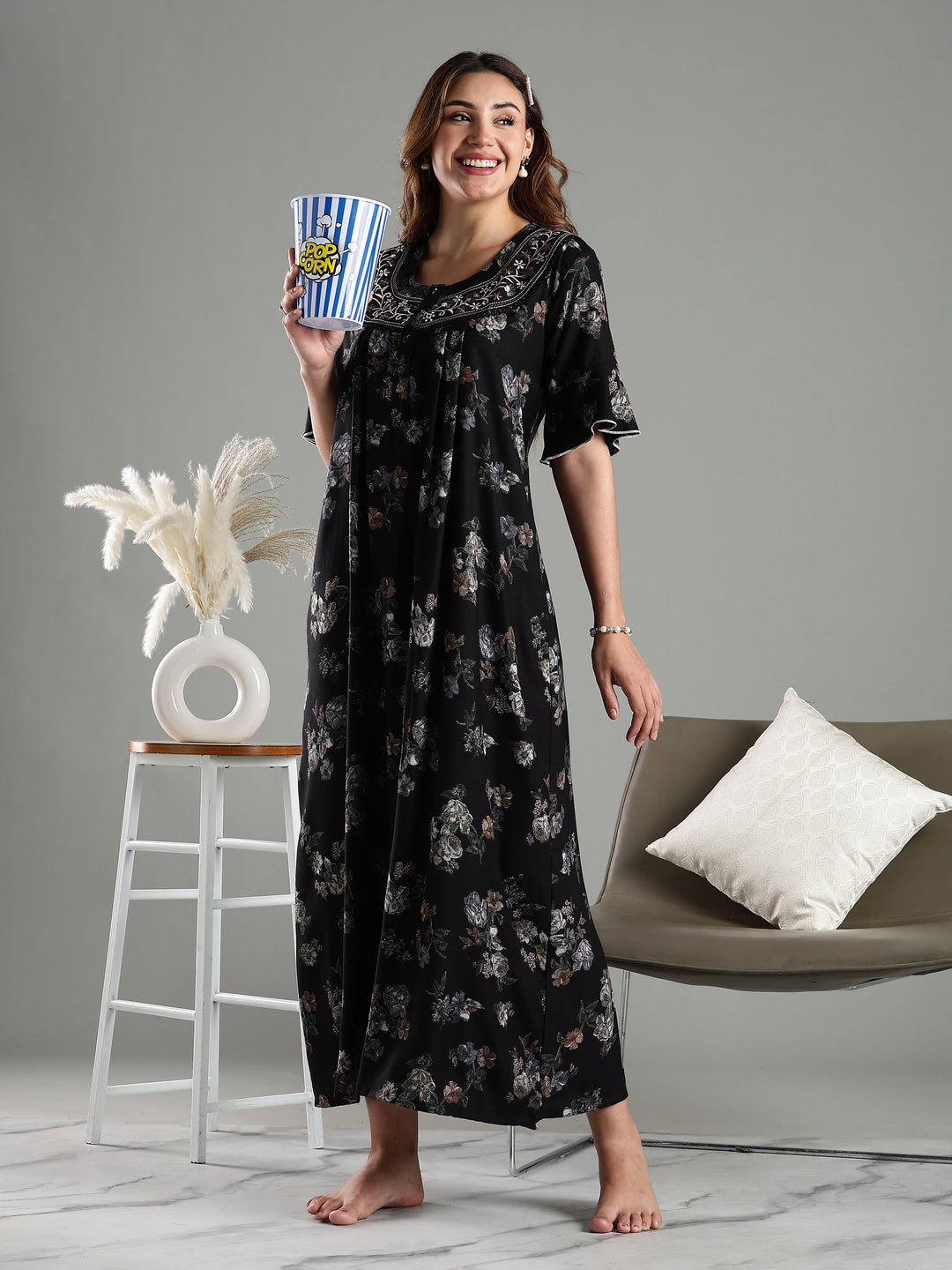 Black Floral Alpine Branded Nighty for Women