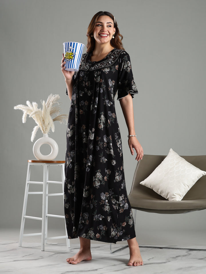 Black Floral Alpine Branded Nighty for Women
