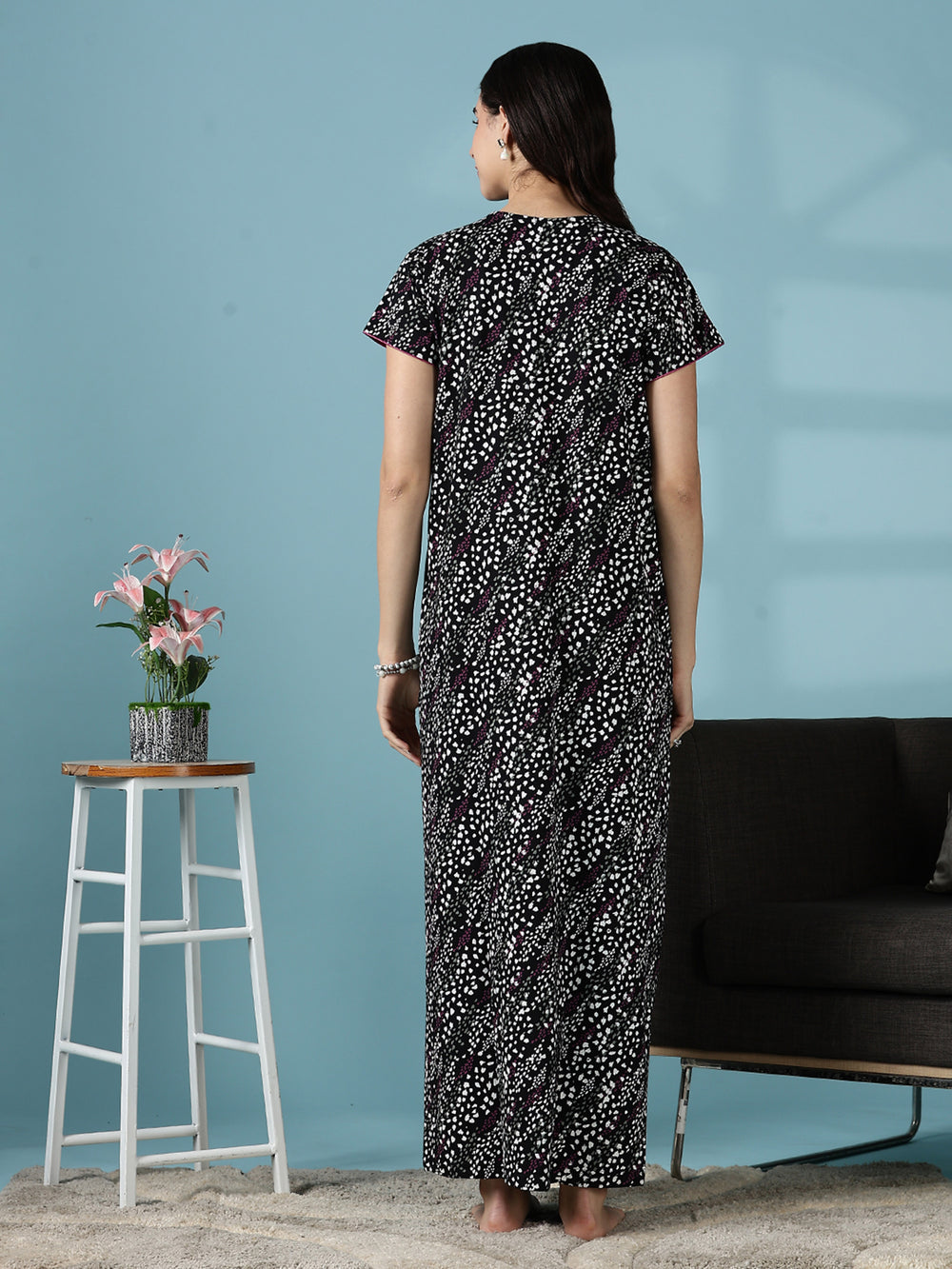 Black Hosiery Cotton Ladies Nighty Dress for Women