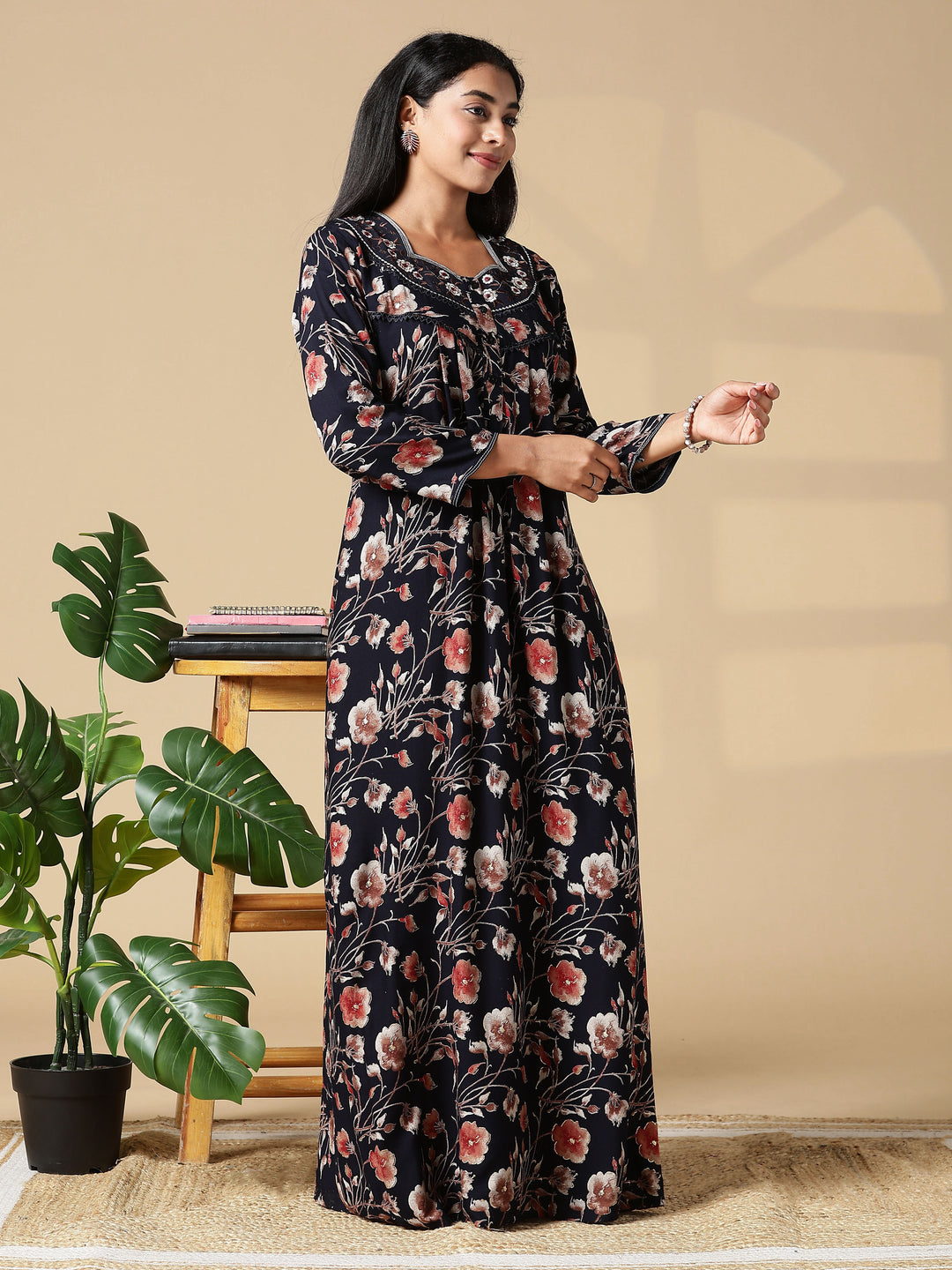 Autumn Black Floral Embroidered Ladies Nighty Dress