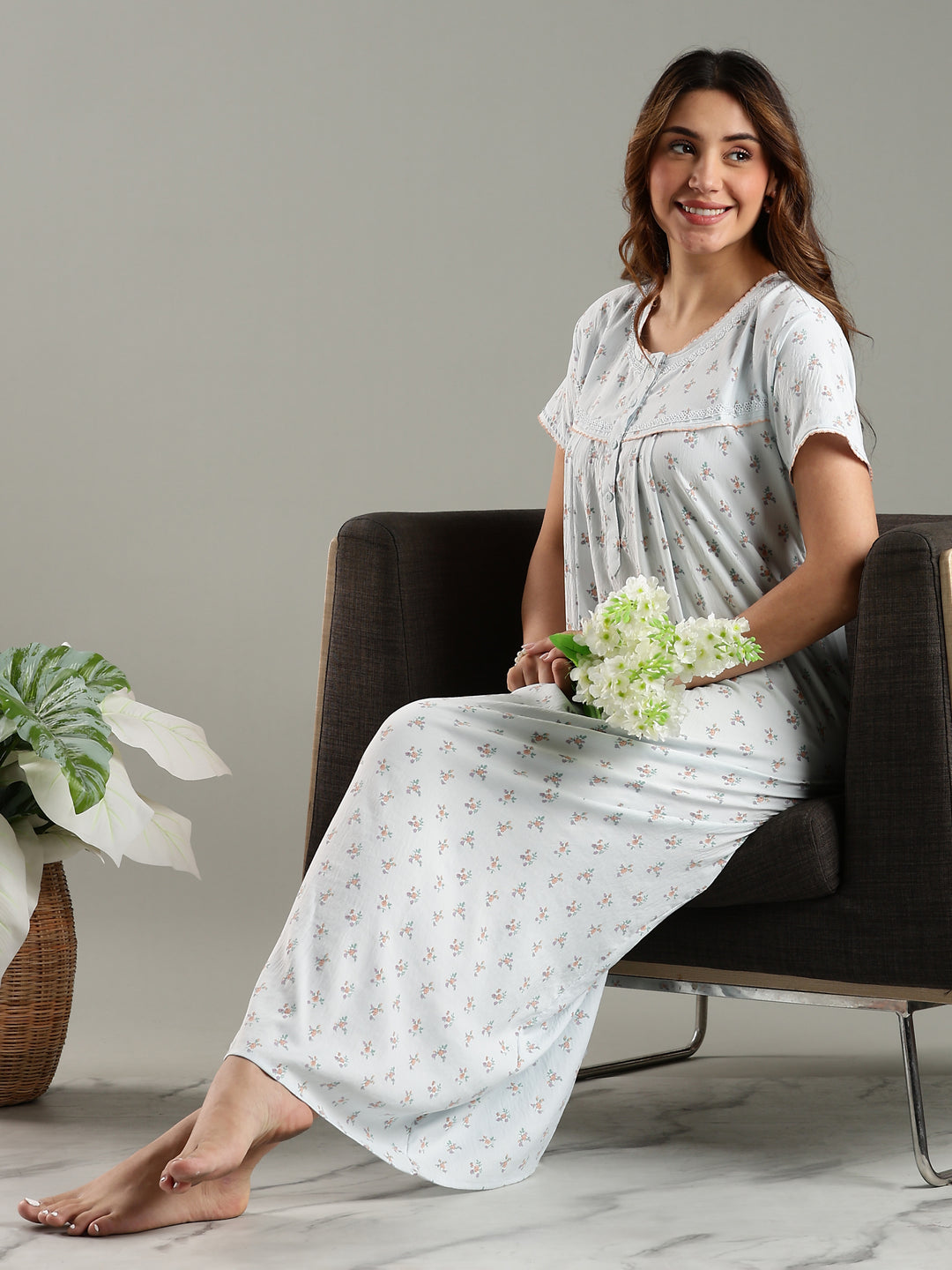 Blue Bamboo Cotton Floral Print Night Dress for Ladies