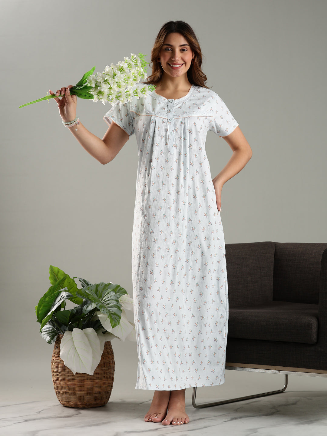 Blue Bamboo Cotton Floral Print Night Dress for Ladies