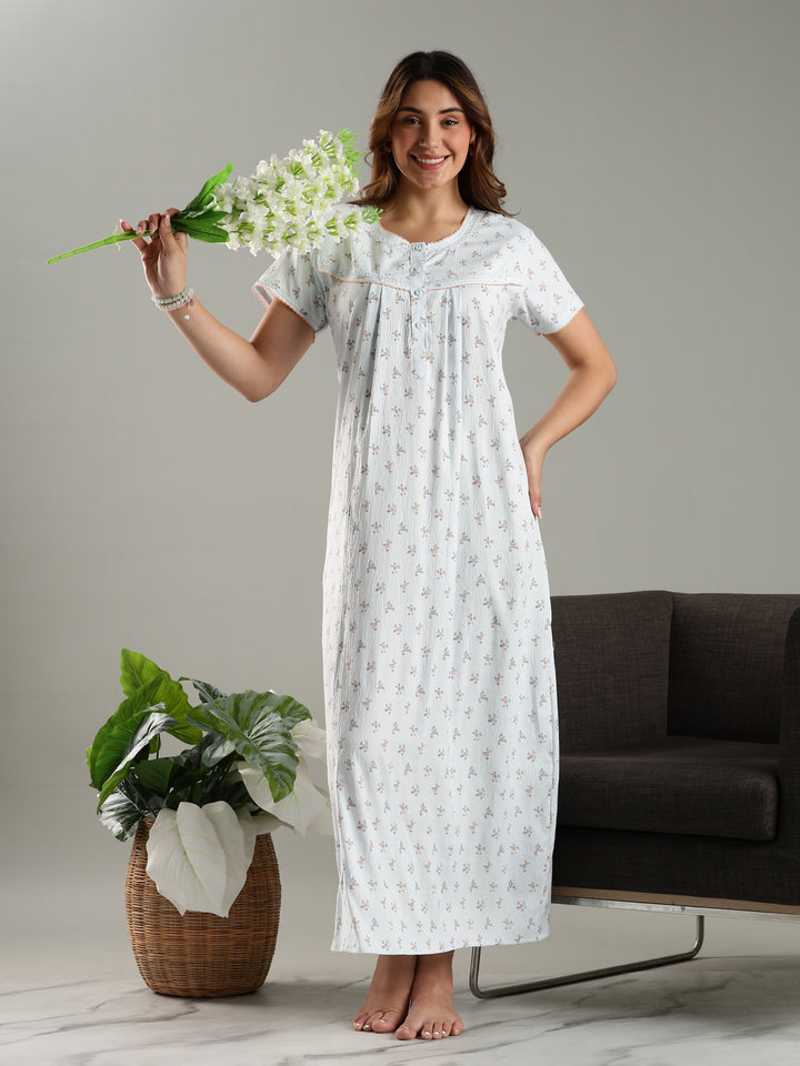 Blue Bamboo Cotton Floral Print Night Dress for Ladies