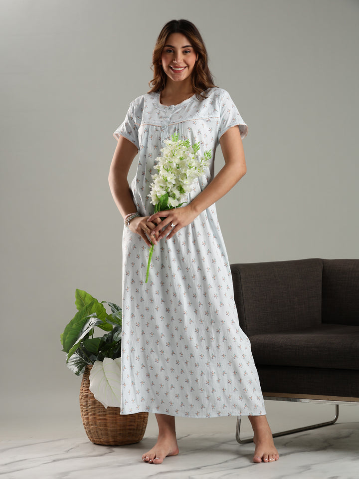 Blue Bamboo Cotton Floral Print Night Dress for Ladies