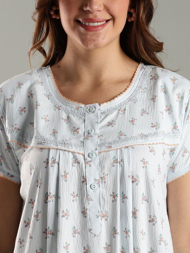 Blue Bamboo Cotton Floral Print Night Dress for Ladies
