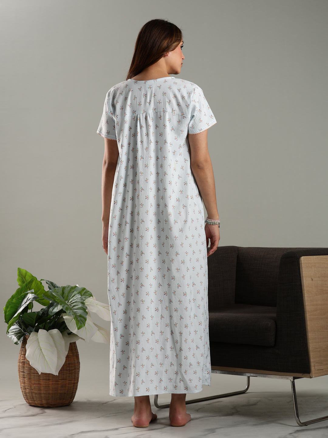 Blue Bamboo Cotton Floral Print Night Dress for Ladies