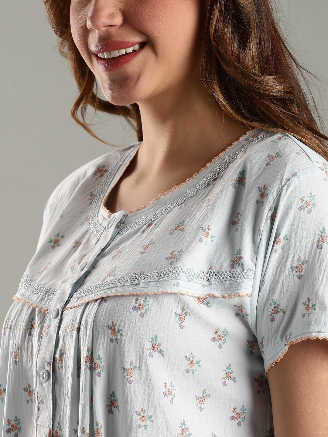 Blue Bamboo Cotton Floral Print Night Dress for Ladies