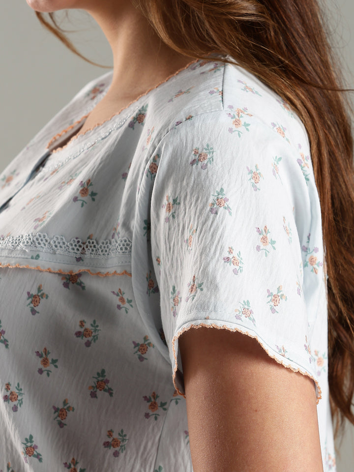 Blue Bamboo Cotton Floral Print Night Dress for Ladies