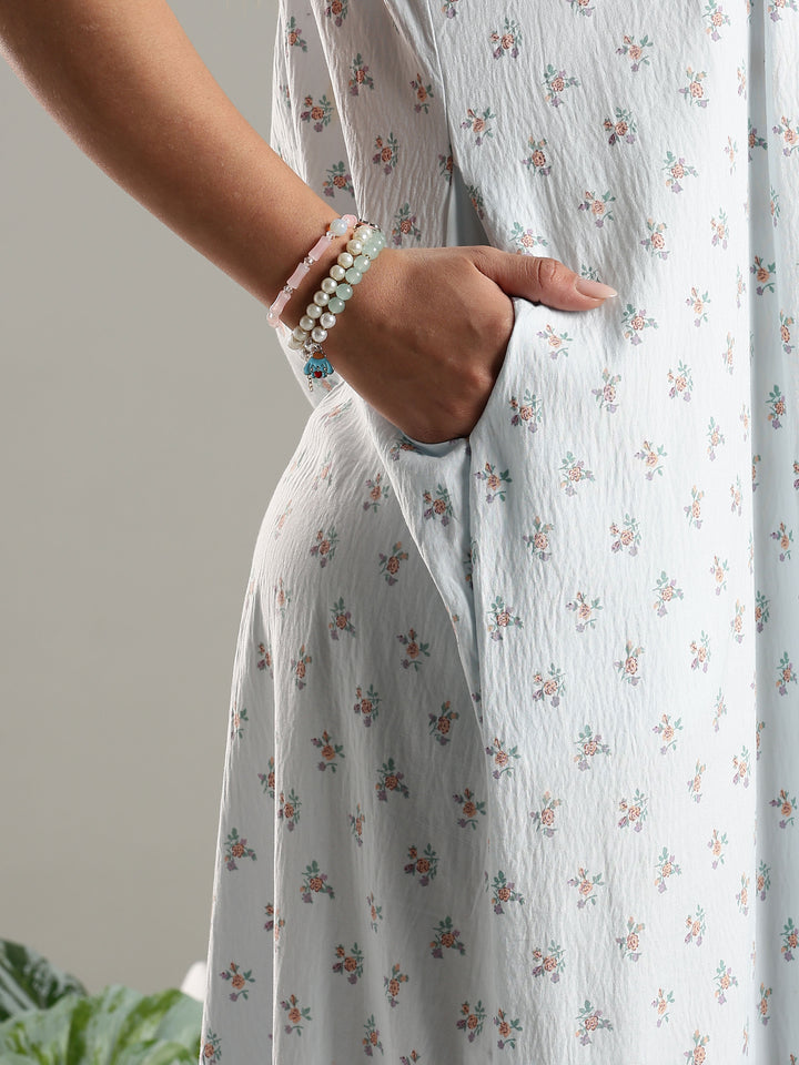 Blue Bamboo Cotton Floral Print Night Dress for Ladies