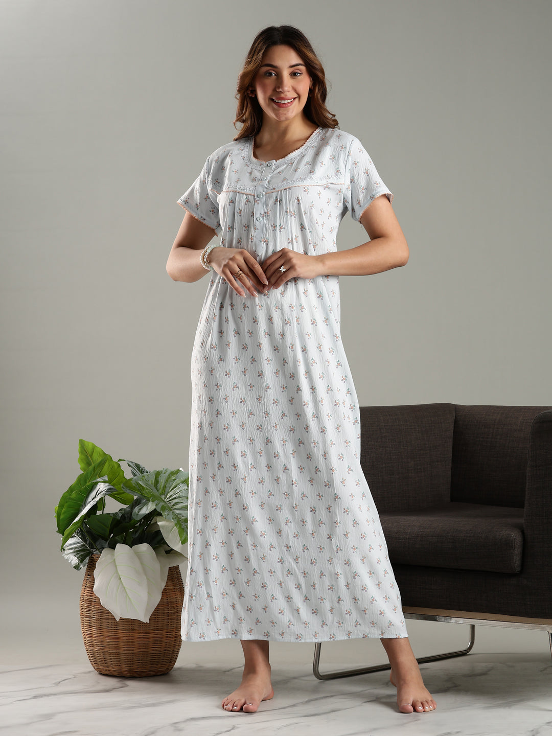 Blue Bamboo Cotton Floral Print Night Dress for Ladies