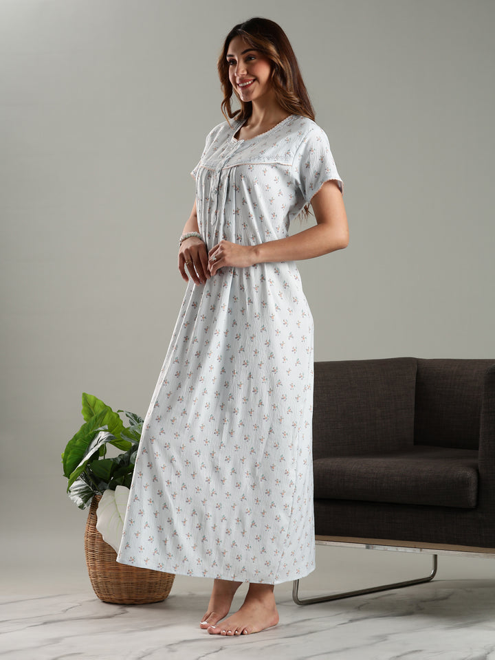 Blue Bamboo Cotton Floral Print Night Dress for Ladies