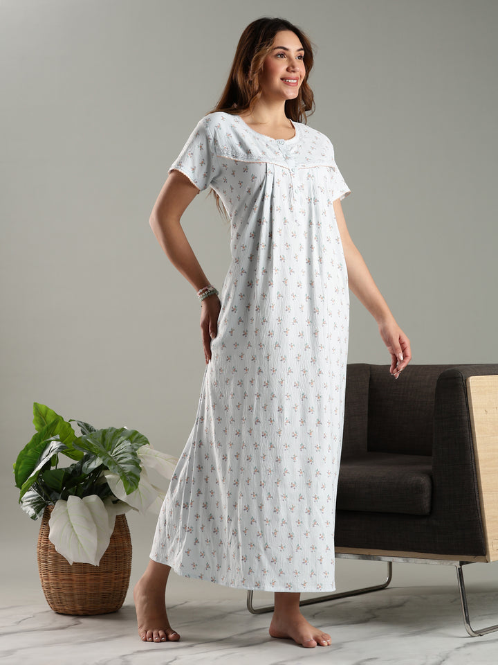 Blue Bamboo Cotton Floral Print Night Dress for Ladies