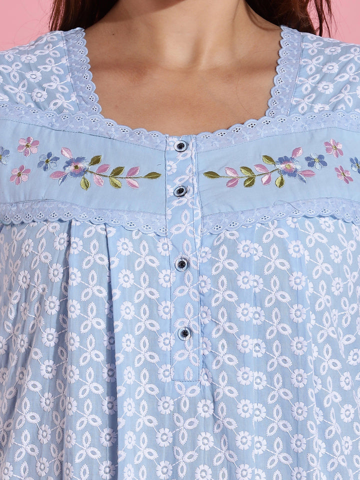 Blue Chikankari Cotton Branded Nighty for Women