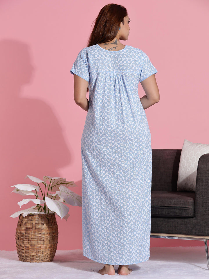 Blue Chikankari Cotton Branded Nighty for Women