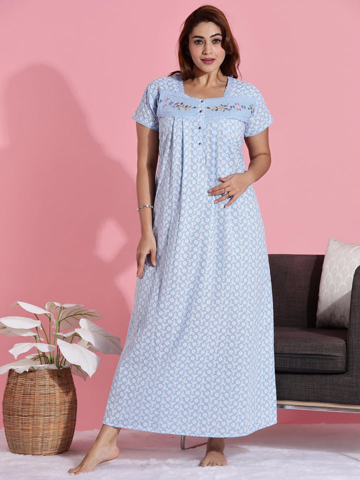 Blue Chikankari Cotton Branded Nighty for Women