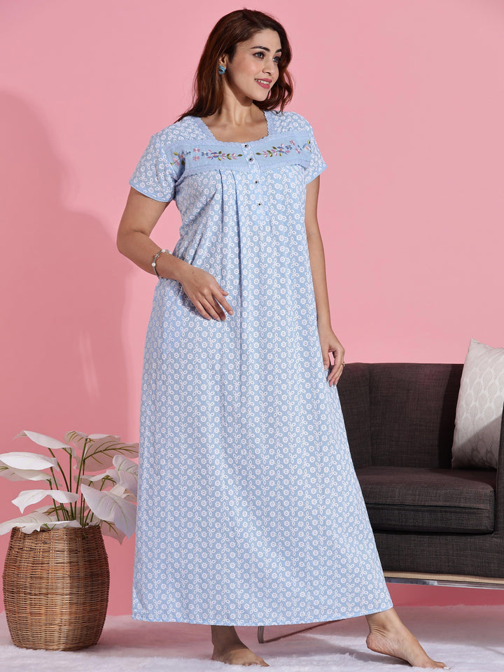 Blue Chikankari Cotton Branded Nighty for Women