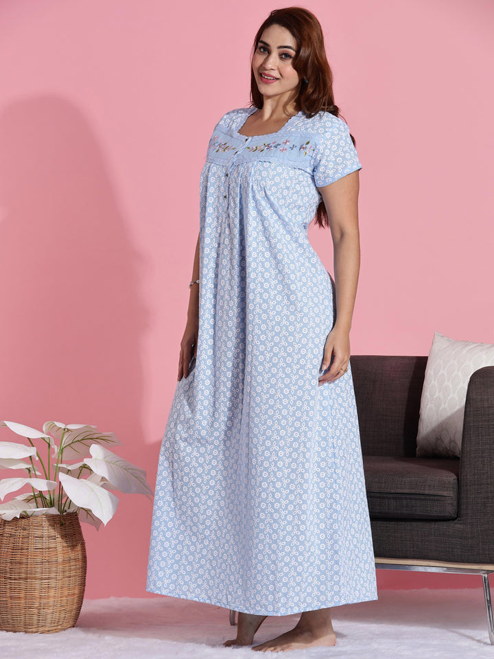 Blue Chikankari Cotton Branded Nighty for Women