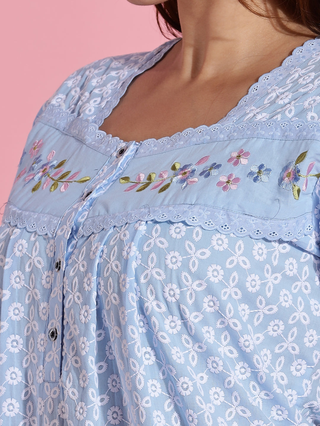 Blue Chikankari Cotton Branded Nighty for Women