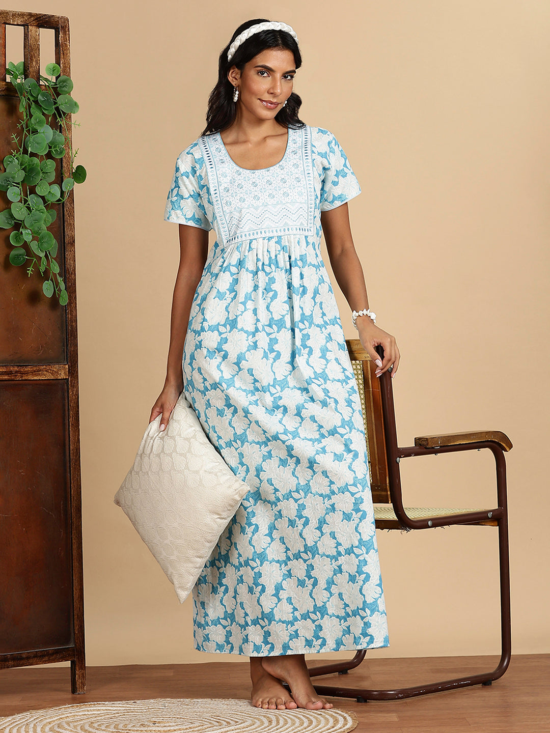 Ocean Breeze Blue Branded Pure Cotton Maxi Nighty for Women