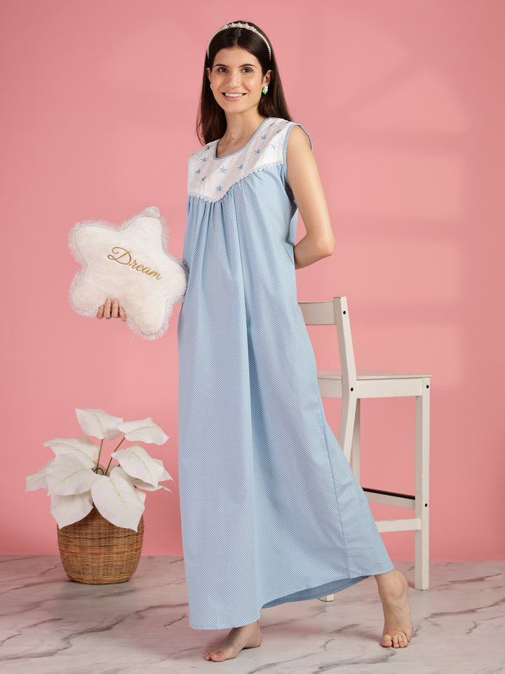 Polka Dot Blue Cotton Sleeveless Nighty for Women