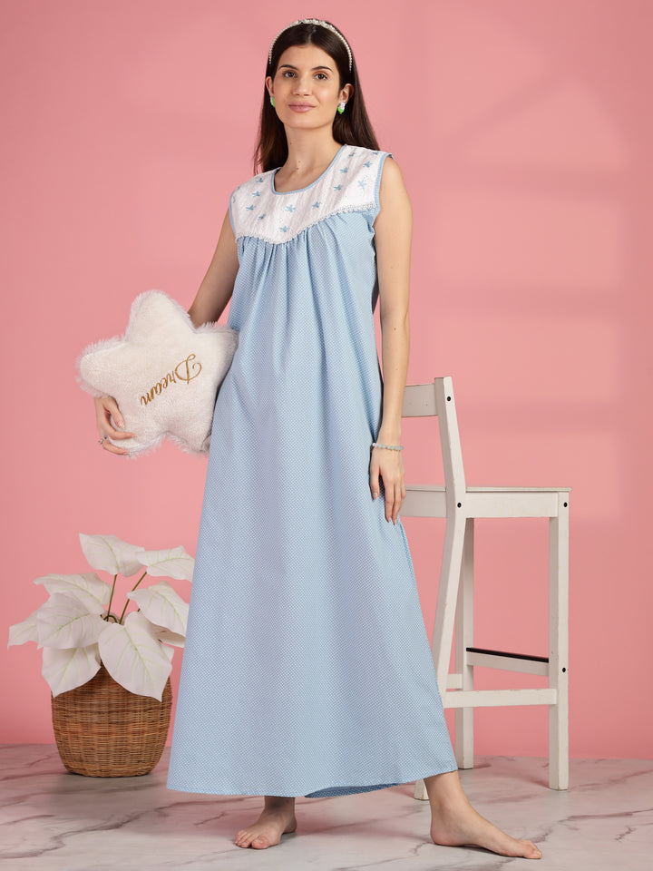 Polka Dot Blue Cotton Sleeveless Nighty for Women