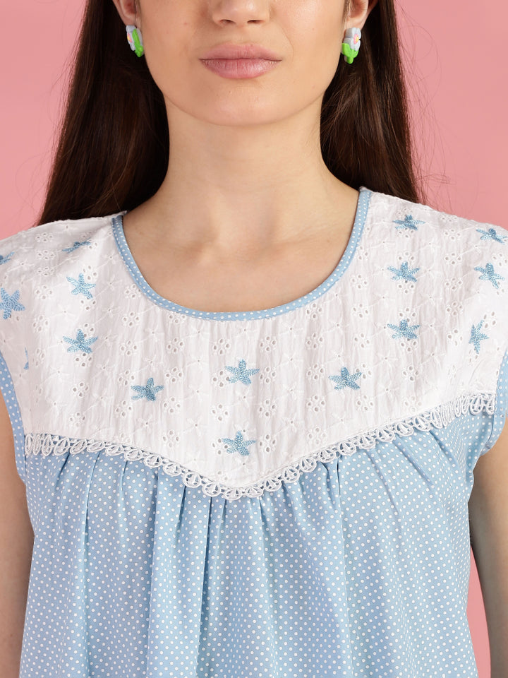 Polka Dot Blue Cotton Sleeveless Nighty for Women