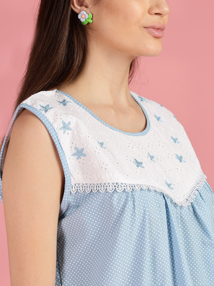 Polka Dot Blue Cotton Sleeveless Nighty for Women