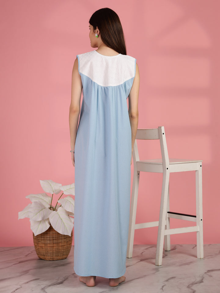 Polka Dot Blue Cotton Sleeveless Nighty for Women