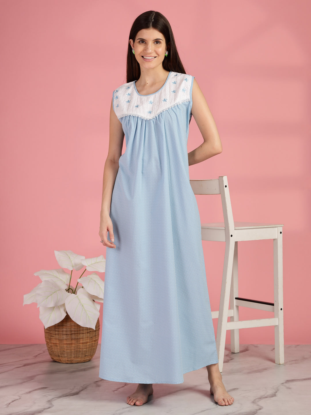 Polka Dot Blue Cotton Sleeveless Nighty for Women