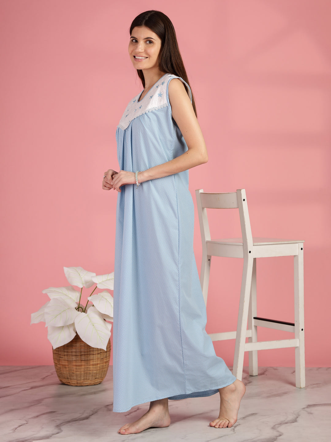 Polka Dot Blue Cotton Sleeveless Nighty for Women