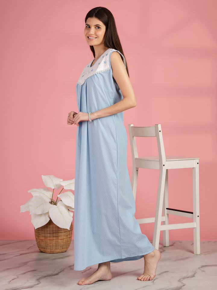 Polka Dot Blue Cotton Sleeveless Nighty for Women