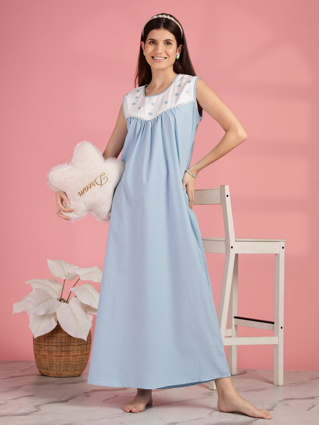 Polka Dot Blue Cotton Sleeveless Nighty for Women