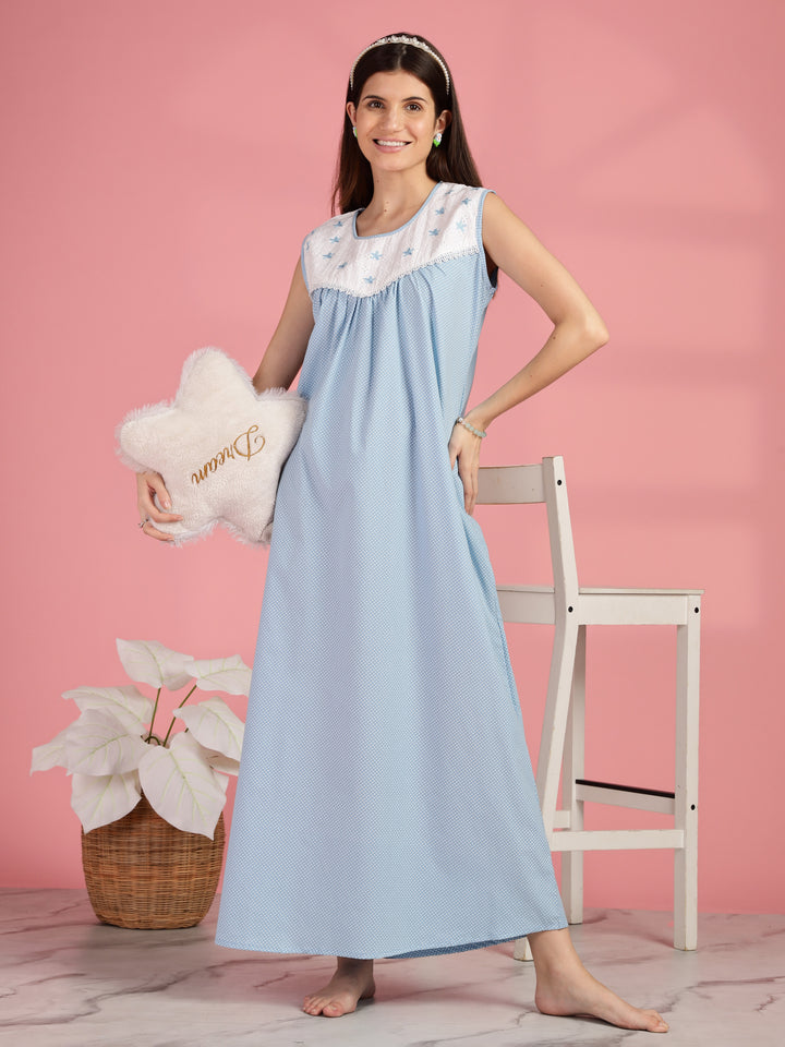 Polka Dot Blue Cotton Sleeveless Nighty for Women