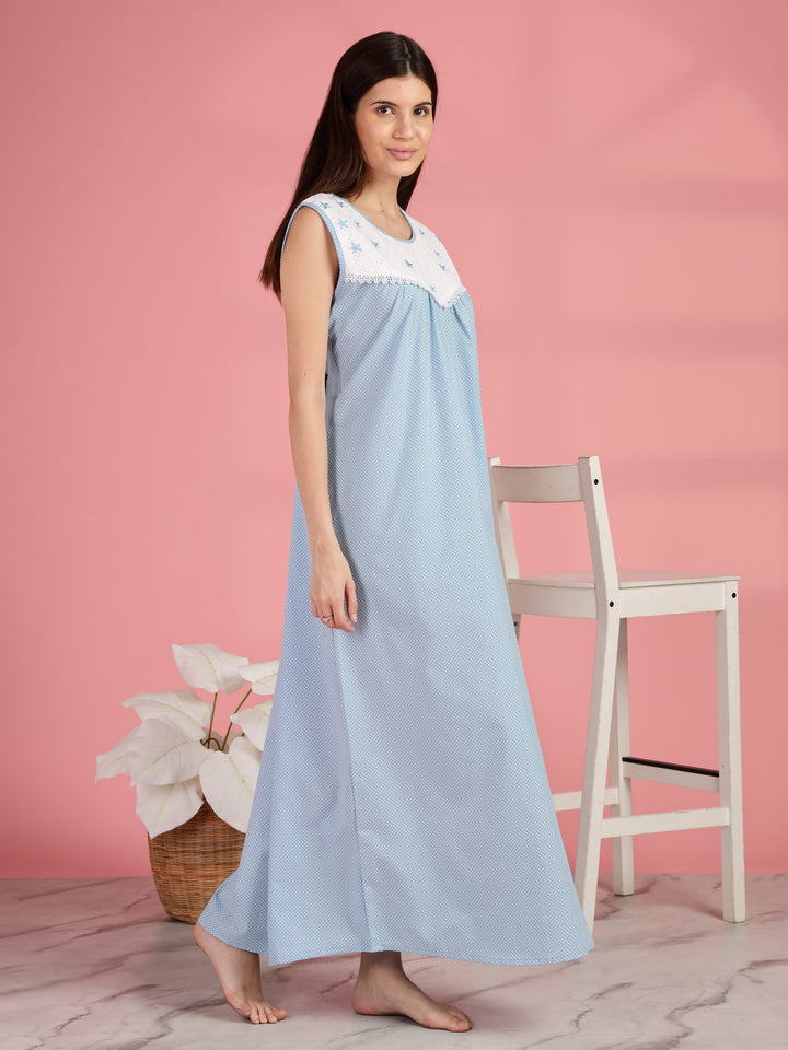 Polka Dot Blue Cotton Sleeveless Nighty for Women