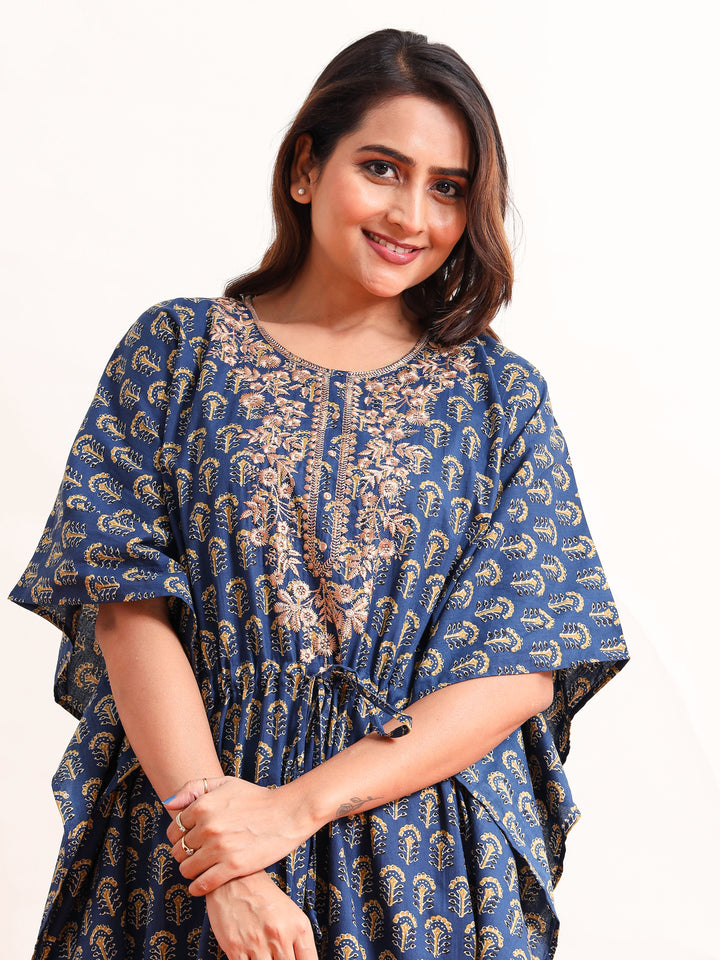 Blue Embroidered Neck Golden Cotton Kaftan Nighty