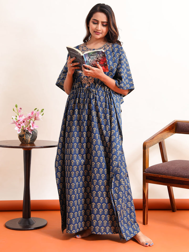 Blue Embroidered Neck Golden Cotton Kaftan Nighty