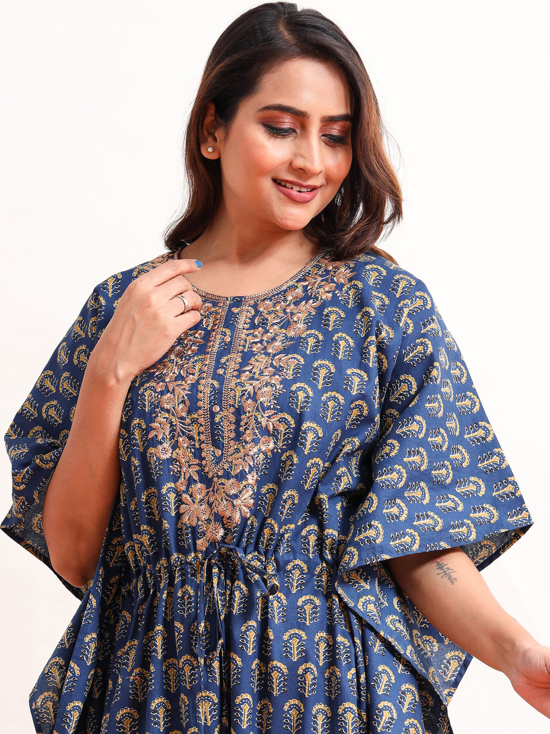 Blue Embroidered Neck Golden Cotton Kaftan Nighty