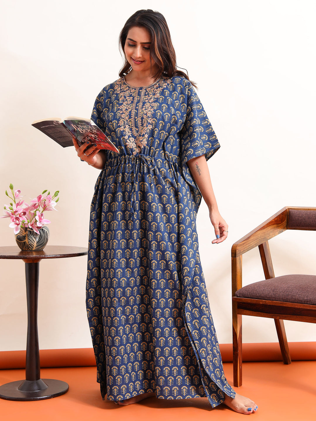 Blue Embroidered Neck Golden Cotton Kaftan Nighty